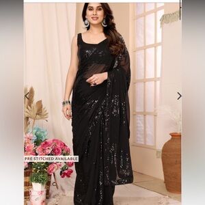 Black Sequin Embroidered Georgette Pre Stitched Saree, comes with blouse!